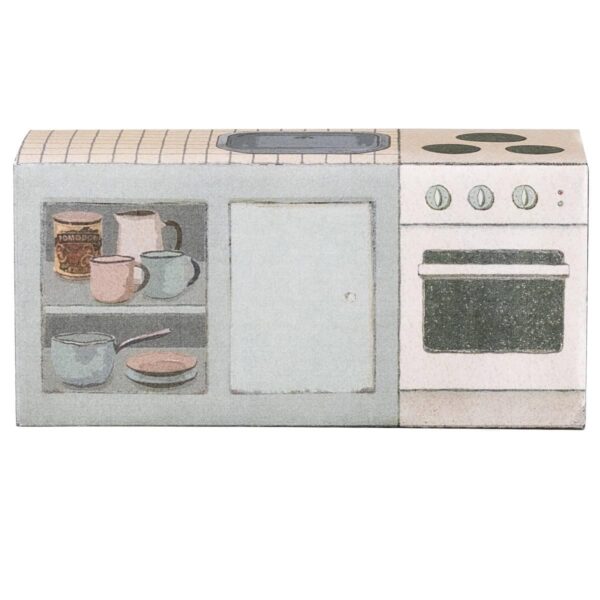 Ein kindgerechtes Miniatur-Küchenspielzeug mit Herd, Ofen, Geschirr und Küchenutensilien, ideal für fantasievolles Spielen und kreatives Lernen in der Spielküche.