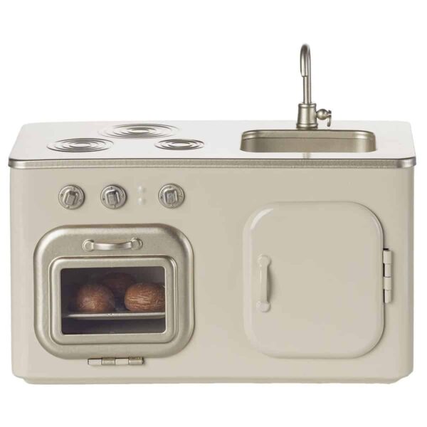 Küchenofen mit integriertem Herd, Spüle und Kochplatten, ideal für kleine Küchen oder Spielzeug.