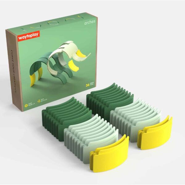 Wegopoly Arches Spielset mit 36 Teilen in Grün, Weiß und Gelb, ideal für kreatives Bauen und Spielen, umweltfreundliches Material, für Kinder geeignet.